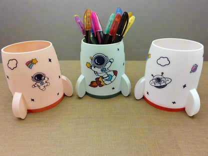 Pen Stand for Kids with Space Design Stickers - Rocket Style