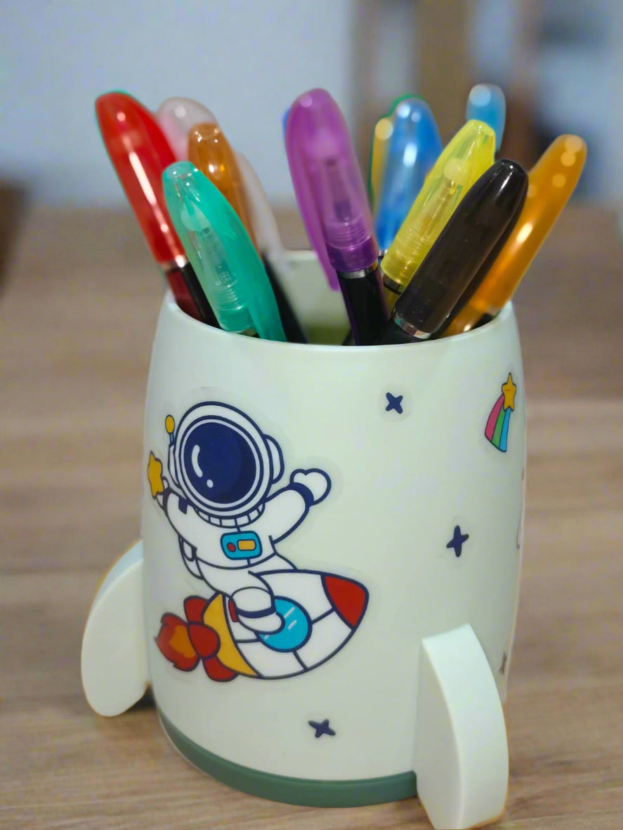 Pen Stand for Kids with Space Design Stickers - Rocket Style